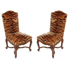Pair of Vintage Regence Style Walnut Side Chairs in Silk Tiger Velvet