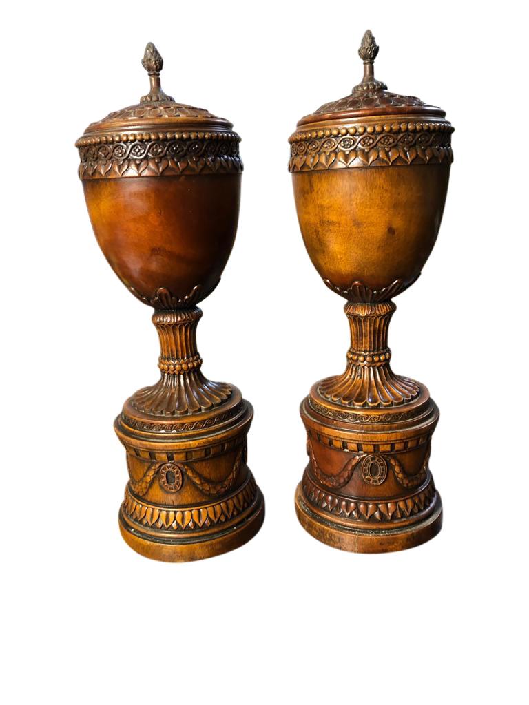 French Pair of Vintage Regency Carved Wood Lidded Urns, circa 1950 For Sale