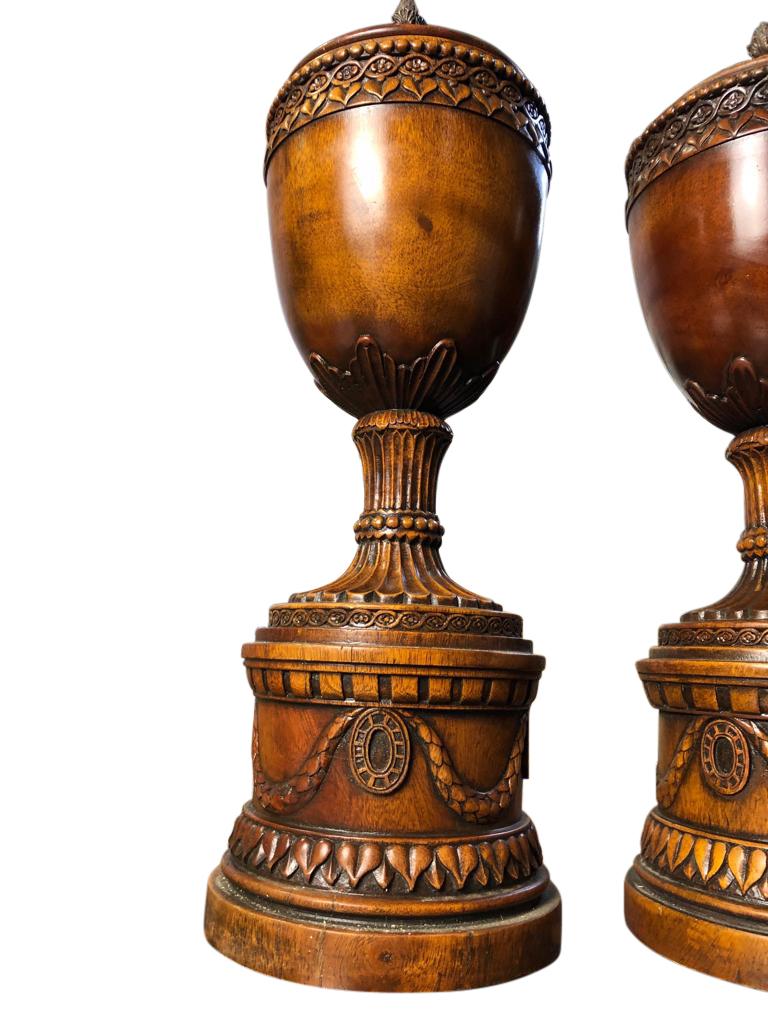 20th Century Pair of Vintage Regency Carved Wood Lidded Urns, circa 1950 For Sale
