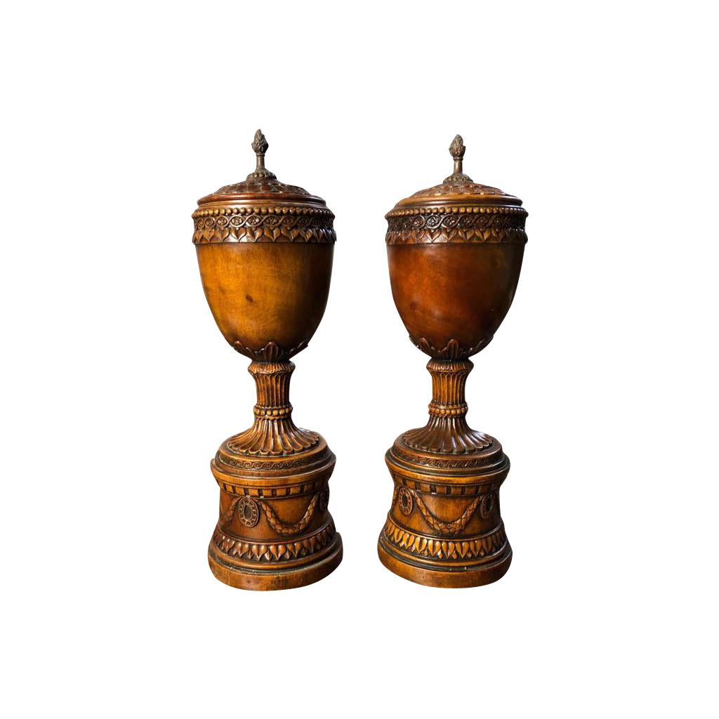 Pair of Vintage Regency Carved Wood Lidded Urns, circa 1950 For Sale