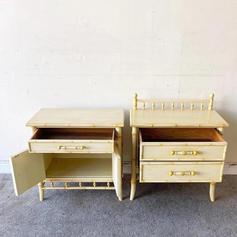 Exceptional pair of vintage coastal side tables/nightstands by Century Furniture. Each feature faux bamboo frame and drawer pulls with a cream finish.

Additional information:
Materials: Wood
Color: Cream
Style: Regency
Brand: Century