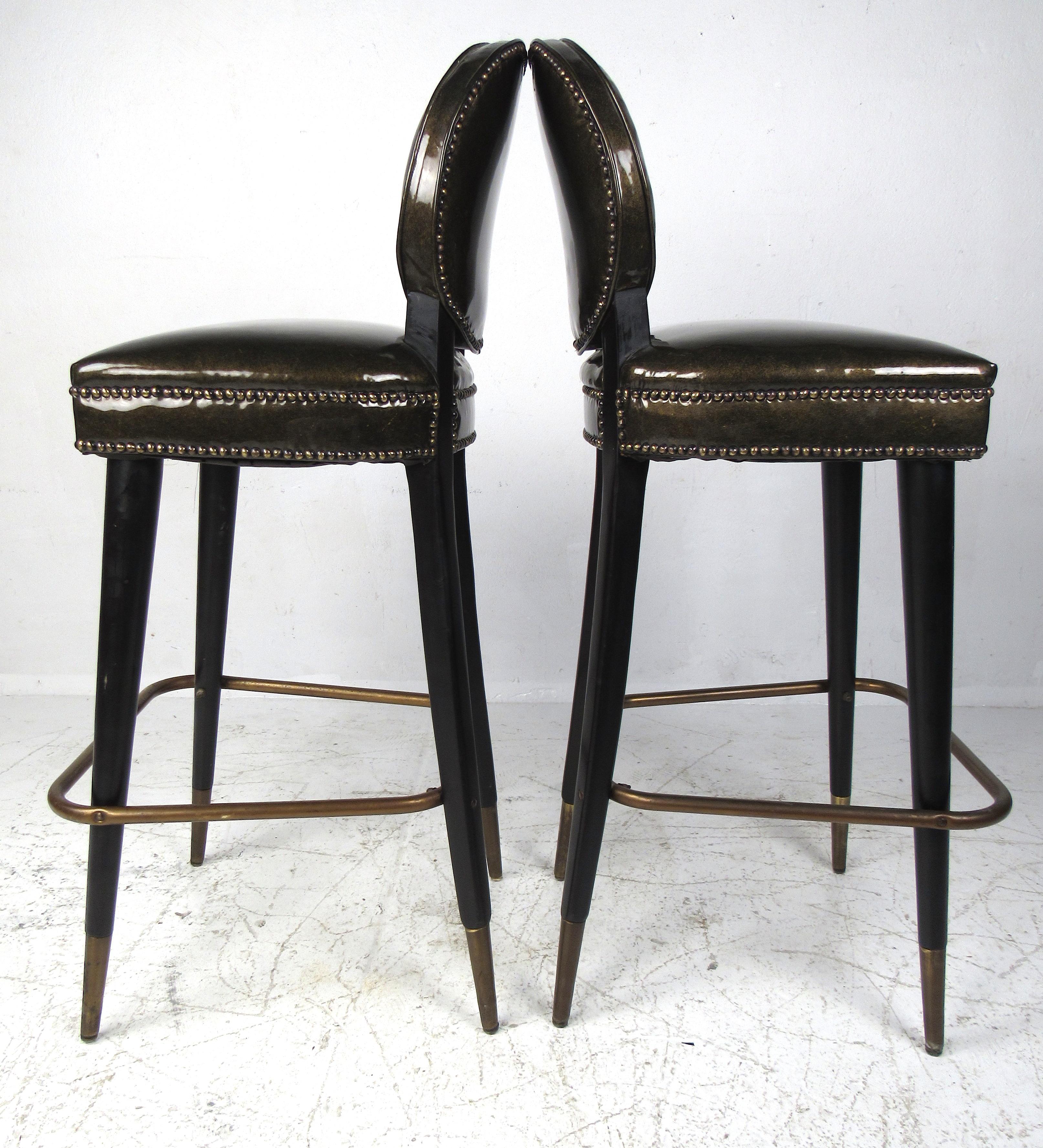 Hollywood Regency Pair of Vintage Regency Style Bar Stools with Brass Accents