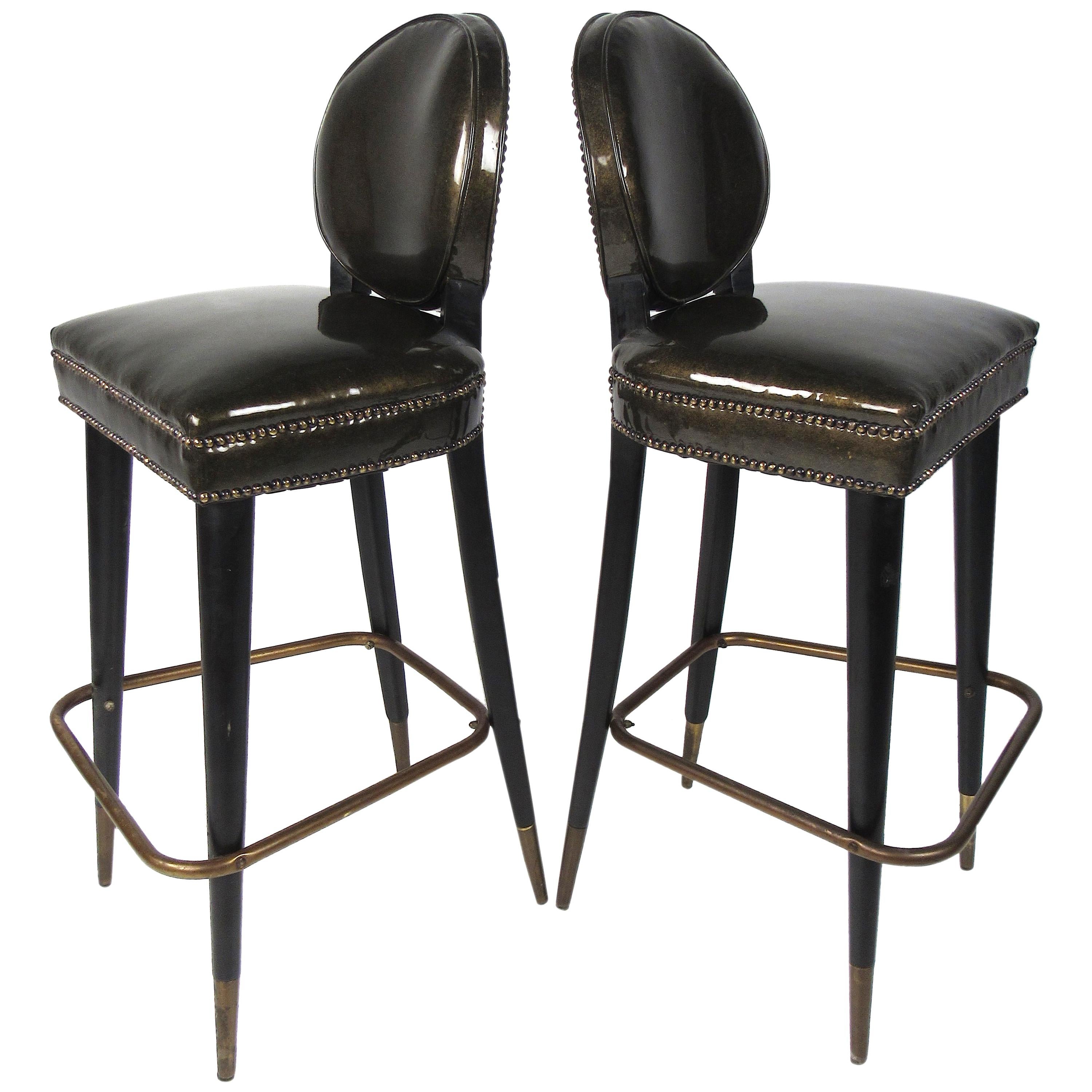 Pair of Vintage Regency Style Bar Stools with Brass Accents