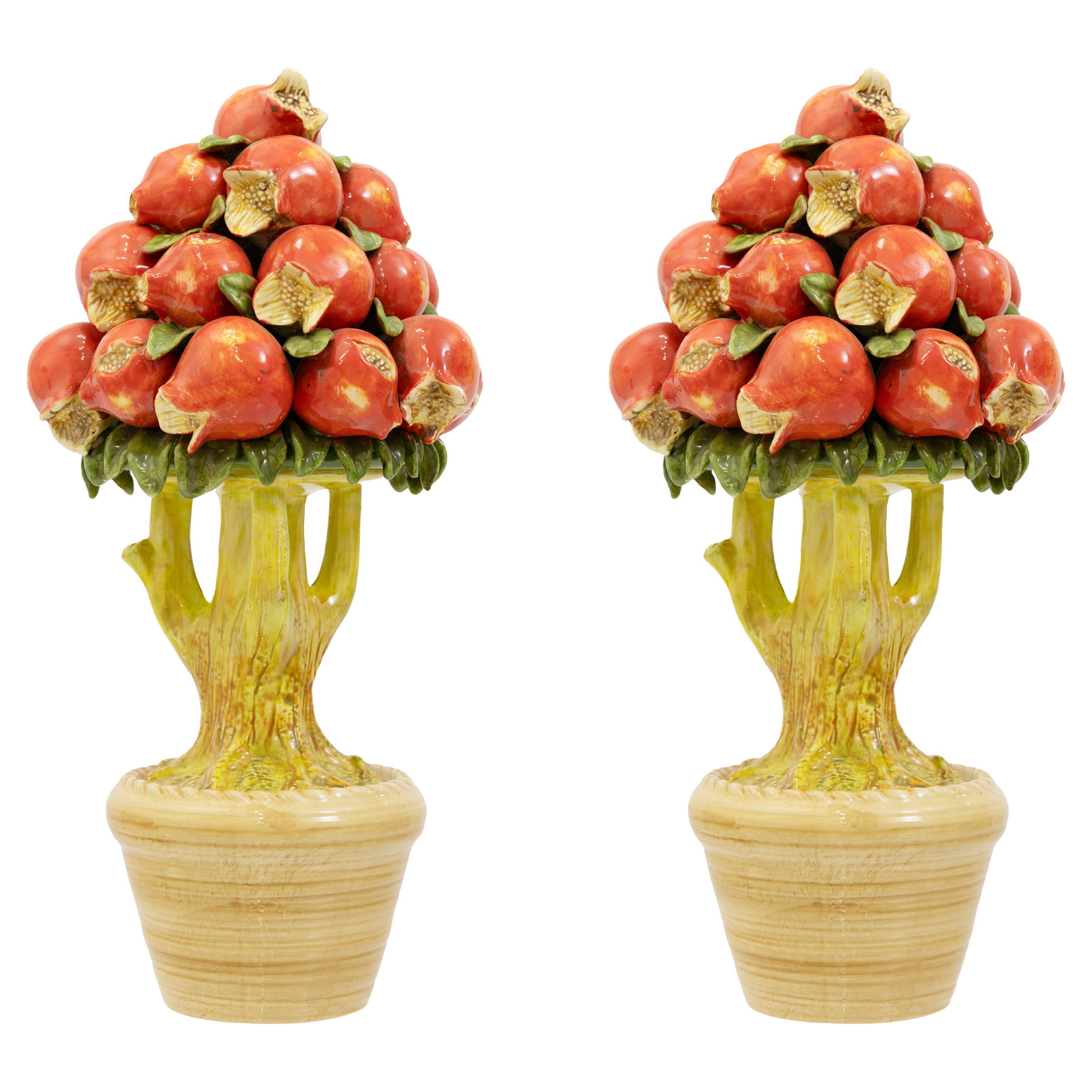 Pair Of Vintage Regency Style Italian Ceramic Pomegranate Topiary