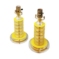 Pair of Vintage Retro Modern Yellow and Clear Lucite Table Lamps