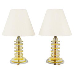 Pair of Vintage Retro Modern Yellow and Clear Lucite Table Lamps