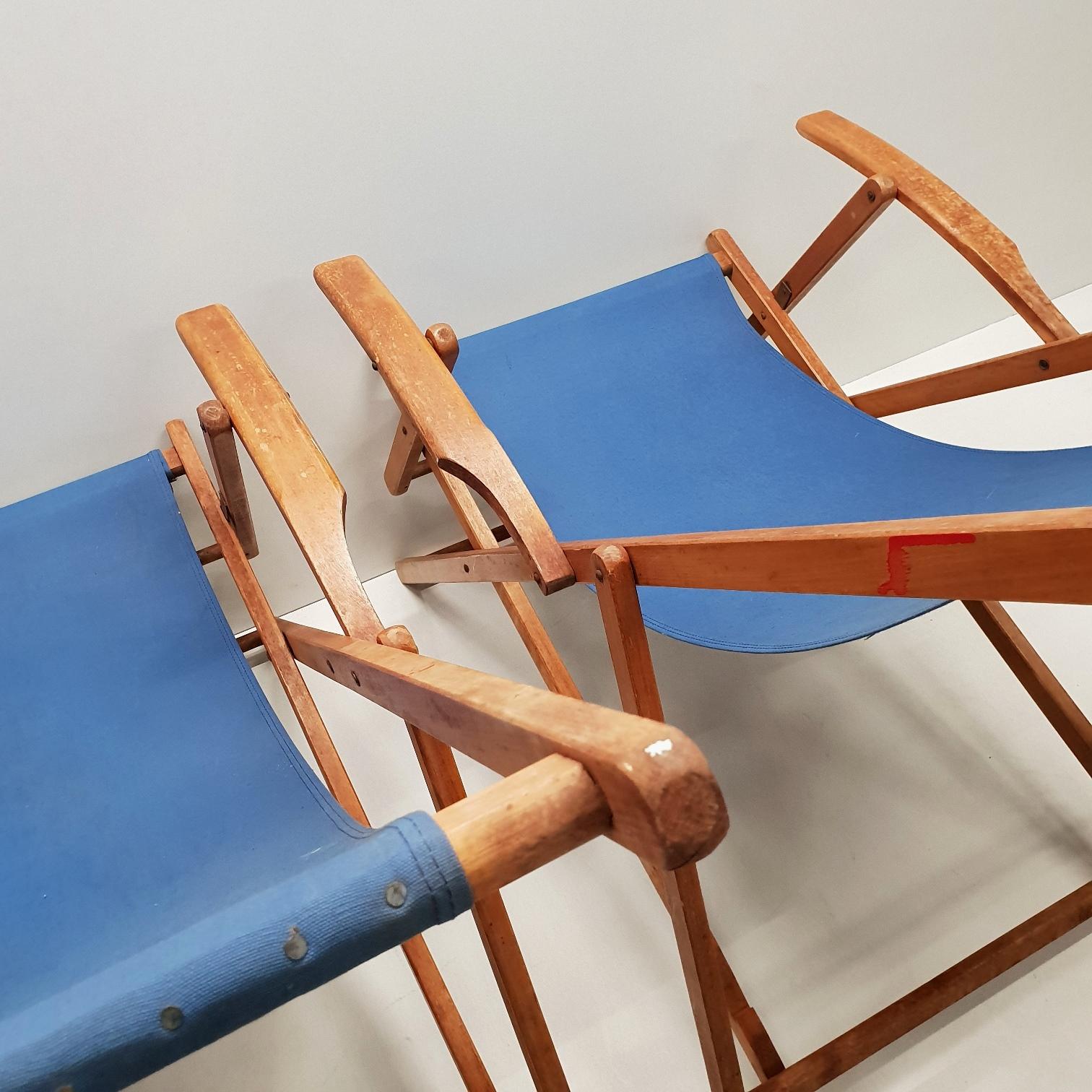 Pair of Vintage Retro Wooden Folding Beach Chairs with Armrests and Canvas 1950s For Sale 1