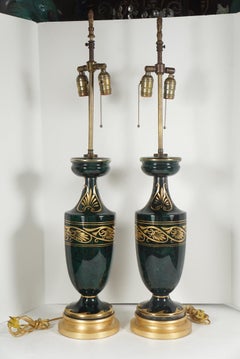 Pair of Vintage Reverse Painted Eglomise Marbled Lamps with Gilt Designs & Base