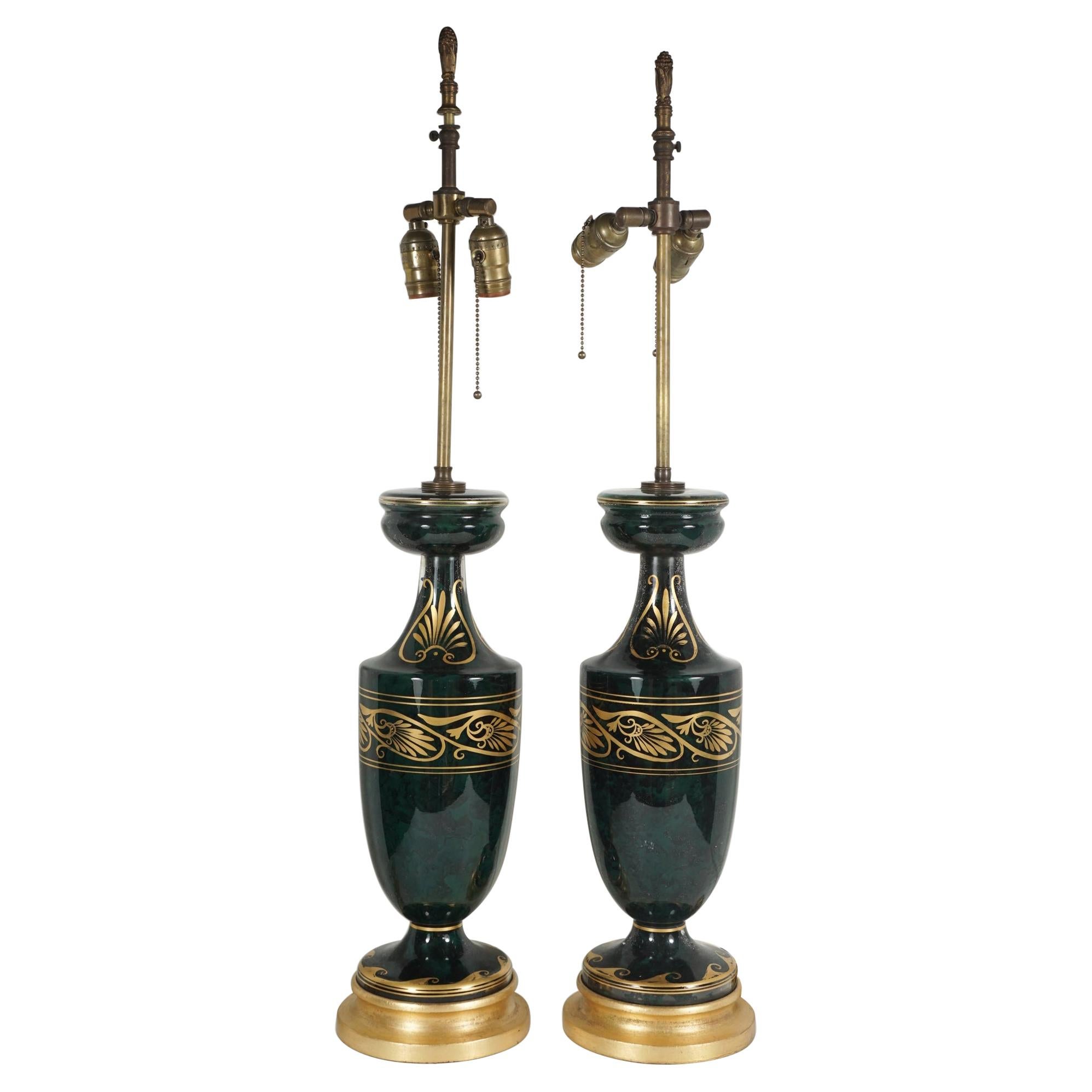 Pair of Vintage Reverse Painted Eglomise Marbled Lamps with Gilt Designs & Base For Sale