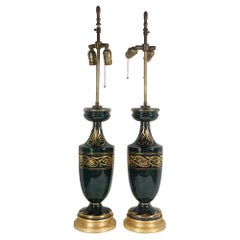 Pair of Vintage Reverse Painted Eglomise Marbled Lamps with Gilt Designs & Base