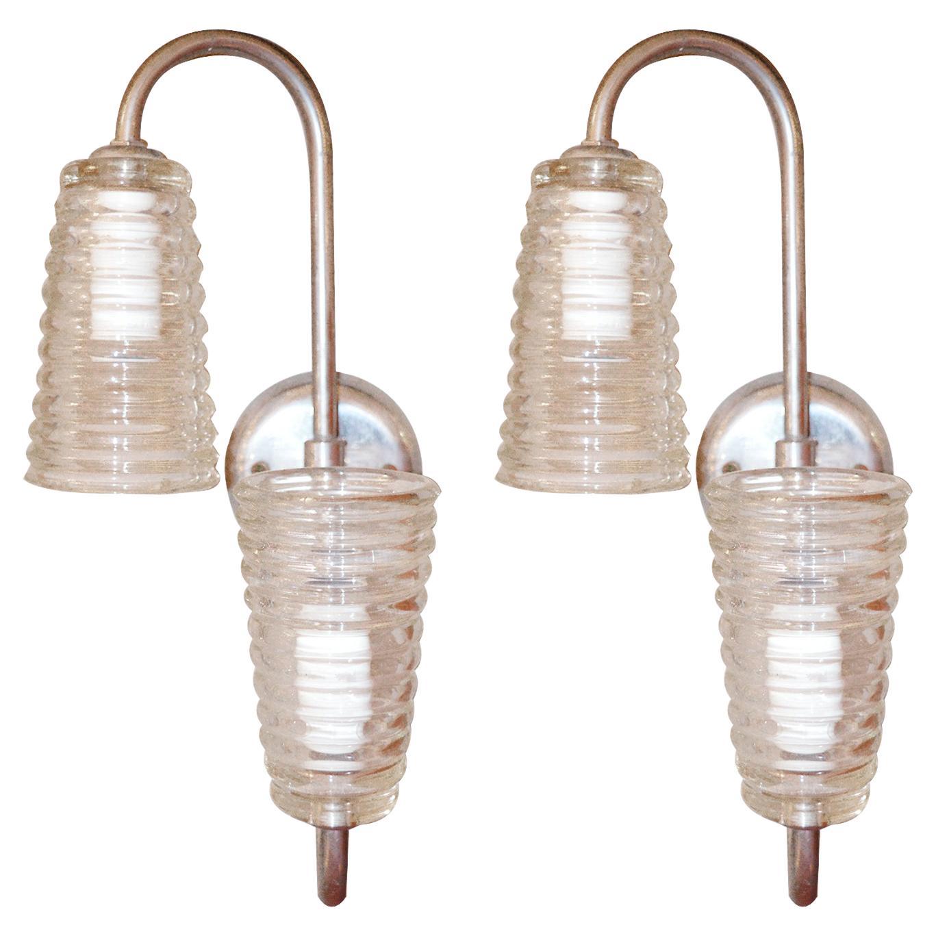 Pair of Vintage Ribbed Glass Sconce For Sale