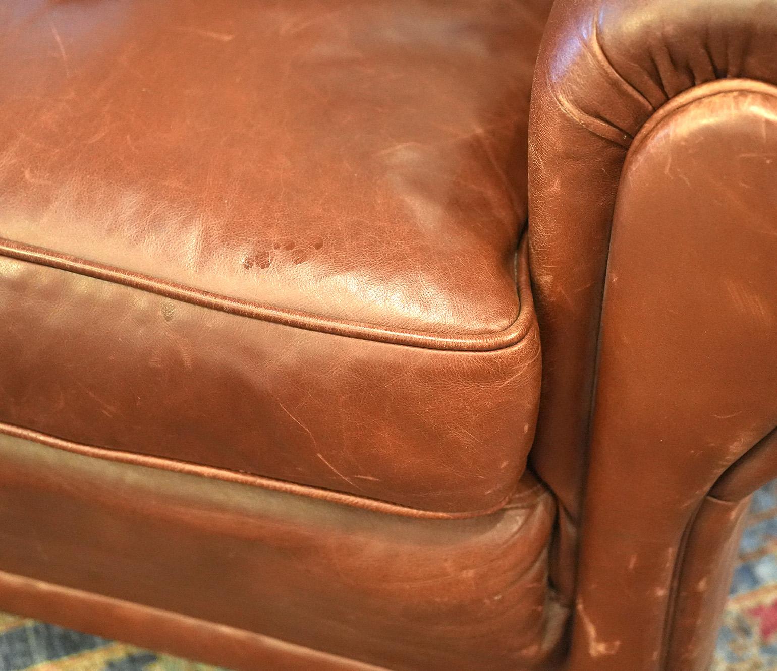 Pair of Vintage Rolled Arm Leather Arm / Club Chairs For Sale 6