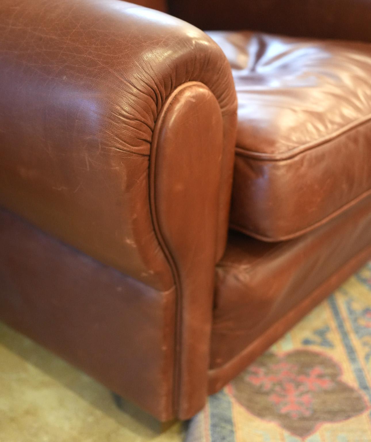 Pair of Vintage Rolled Arm Leather Arm / Club Chairs For Sale 7