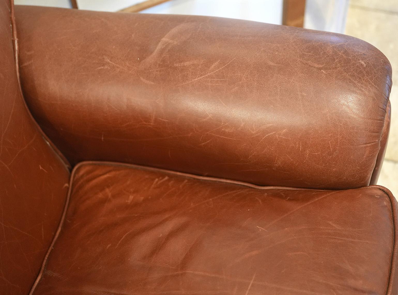 American Pair of Vintage Rolled Arm Leather Arm / Club Chairs For Sale