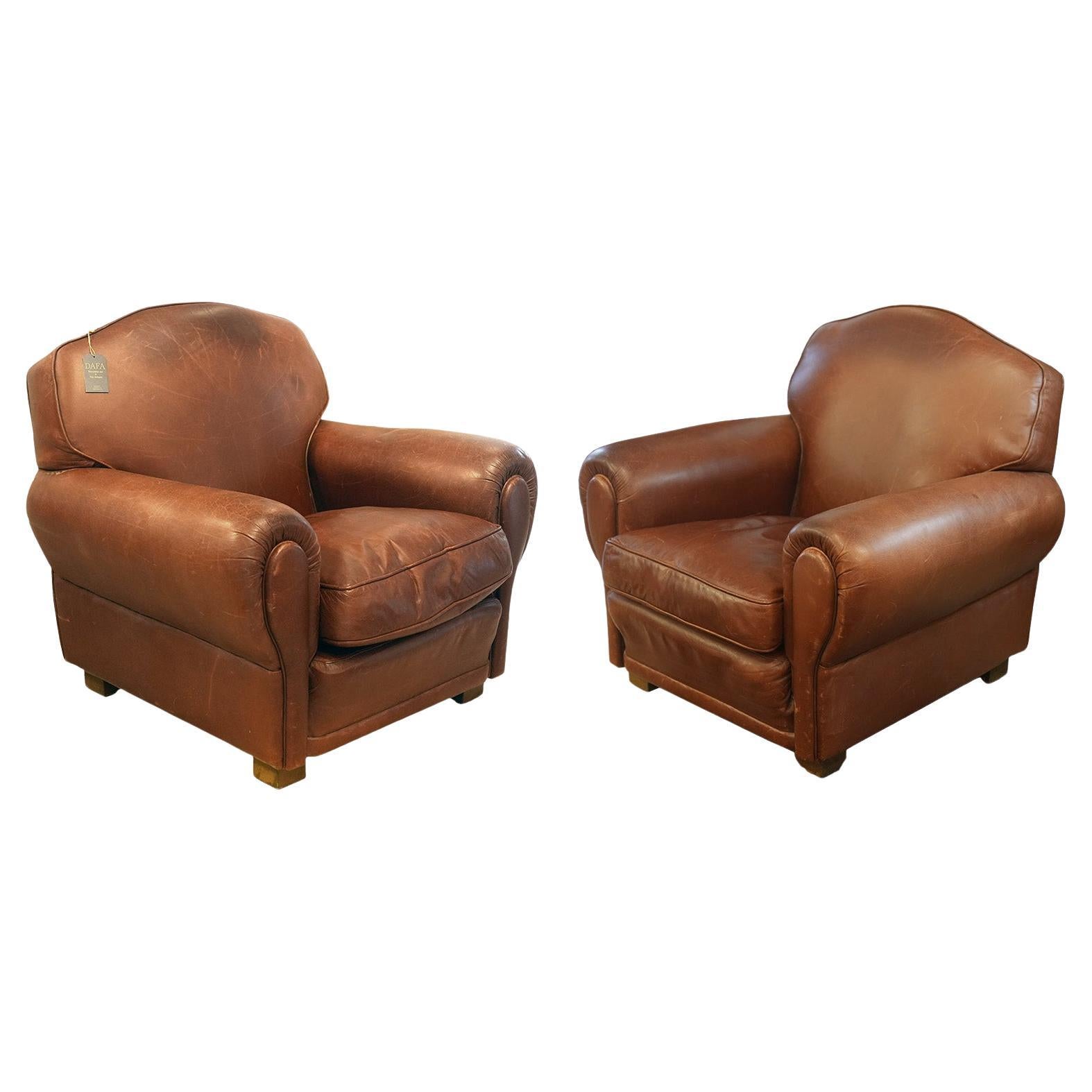 Pair of Vintage Rolled Arm Leather Arm / Club Chairs For Sale