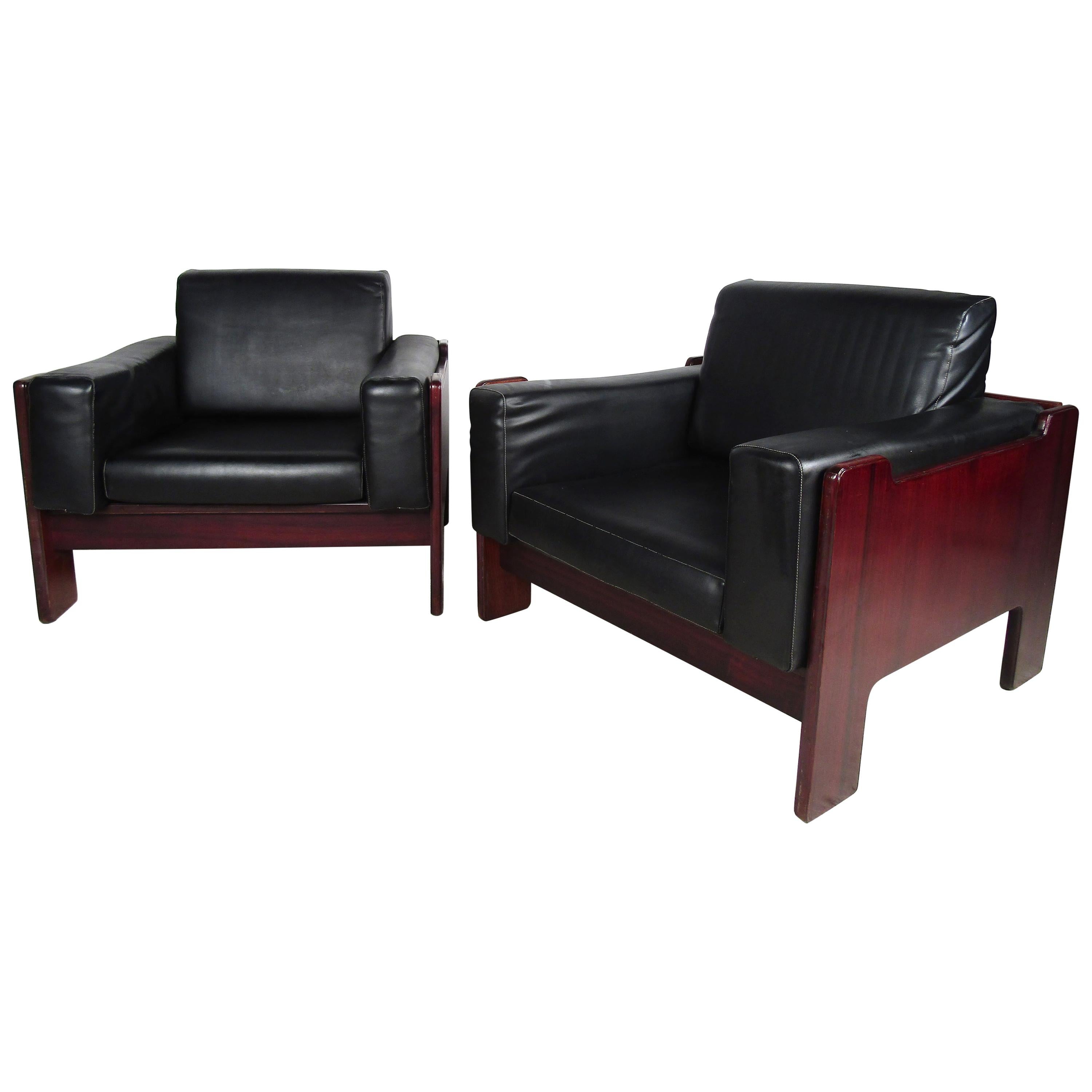 Pair of Vintage Rosewood and Vinyl Cube Lounge Chairs