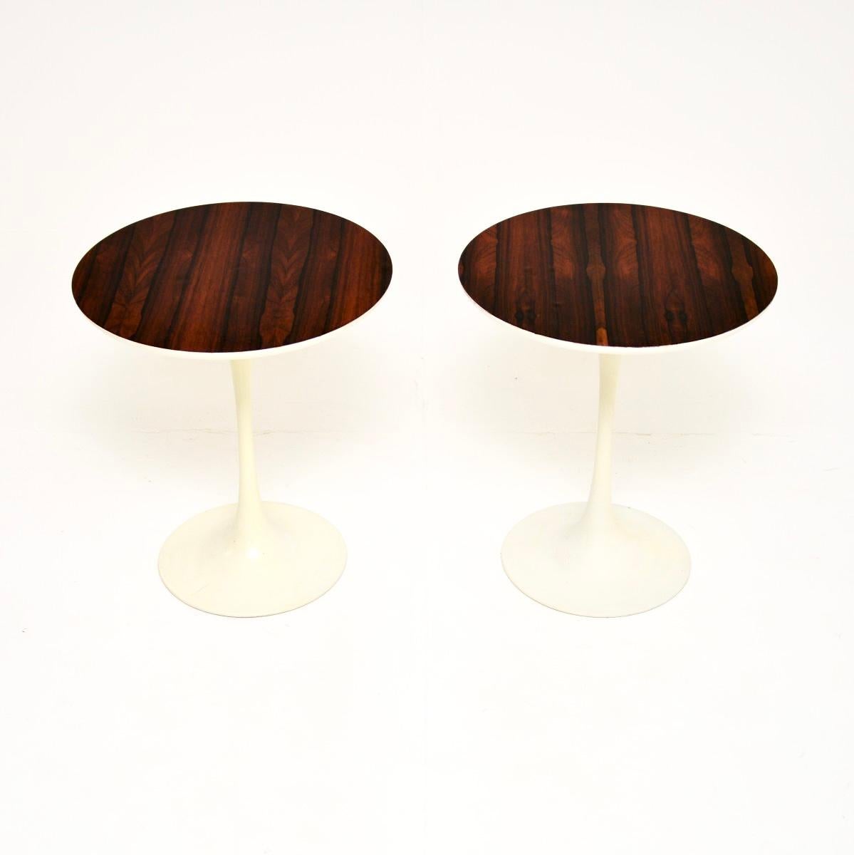 A stylish and very well made pair of vintage tulip side tables by Arkana. They were designed by Maurice Burke, and were made in England in the 1960’s.

The quality is superb, they are a very useful size and have a beautiful design. The circular