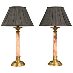 Pair of Antique Rouge Marble and Brass Table Lamps