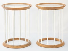 Pair of Vintage Round Italian Tables with Spindle Wood Frame and Glass Tops