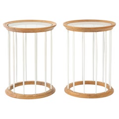Pair of Vintage Round Italian Tables with Spindle Wood Frame and Glass Tops