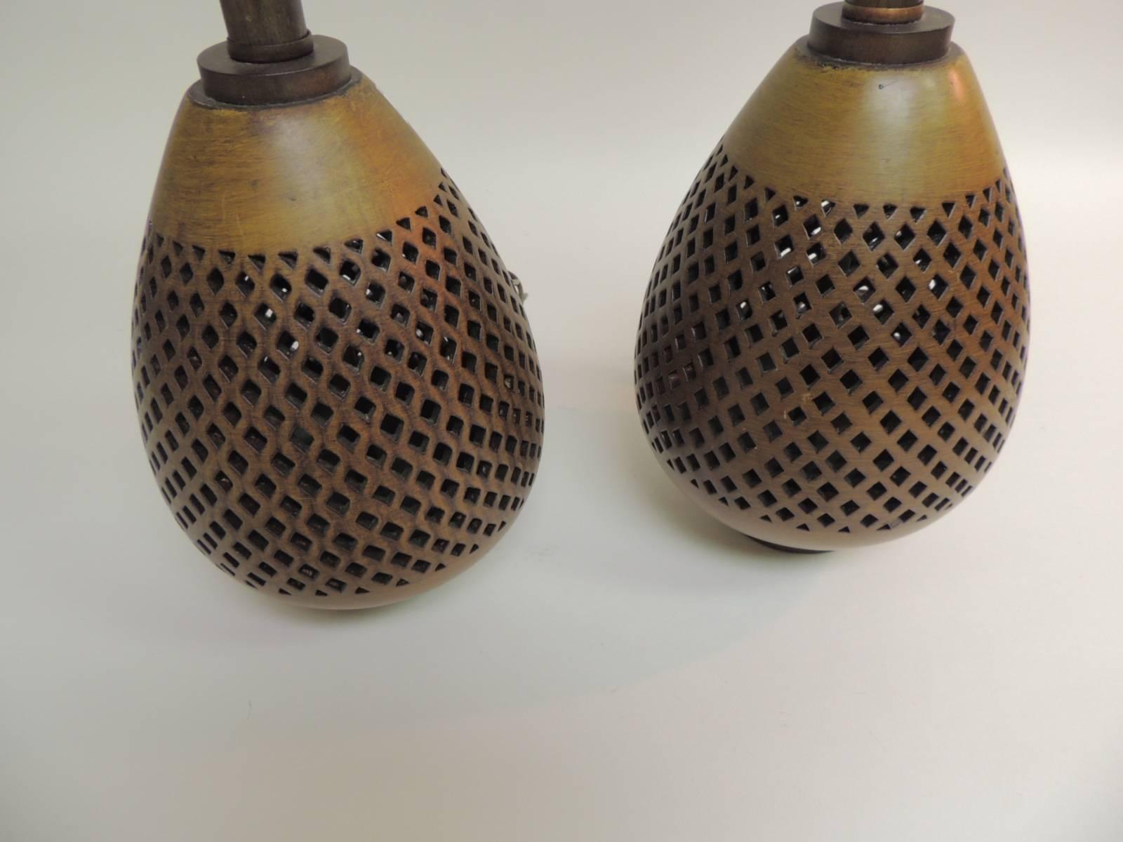 American Pair of Vintage Round Mid-Century Modern Brass Lamps with Piercing Details