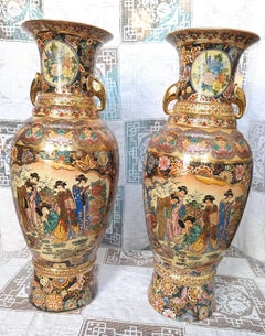 Pair of Vintage Royal Satsuma Vases Large 24" Tall Vase Porcelain Signed Asian