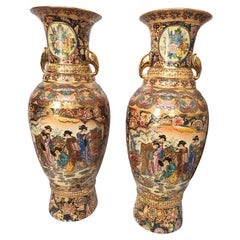 Pair of Retro Royal Satsuma Vases Large 24" Tall Vase Porcelain Signed Asian