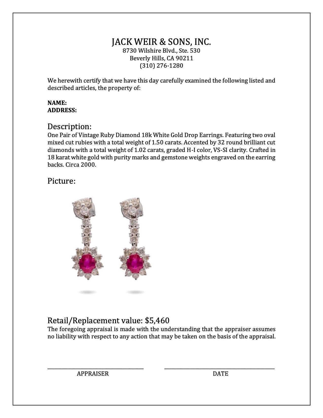 Women's or Men's Pair of Vintage Ruby Diamond 18k White Gold Drop Earrings For Sale