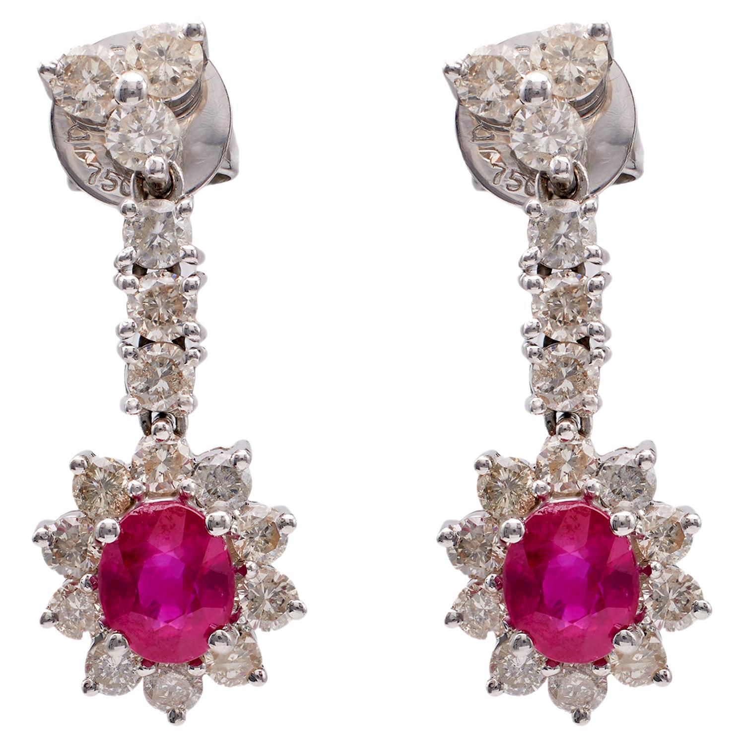 Pair of Vintage Ruby Diamond 18k White Gold Drop Earrings For Sale