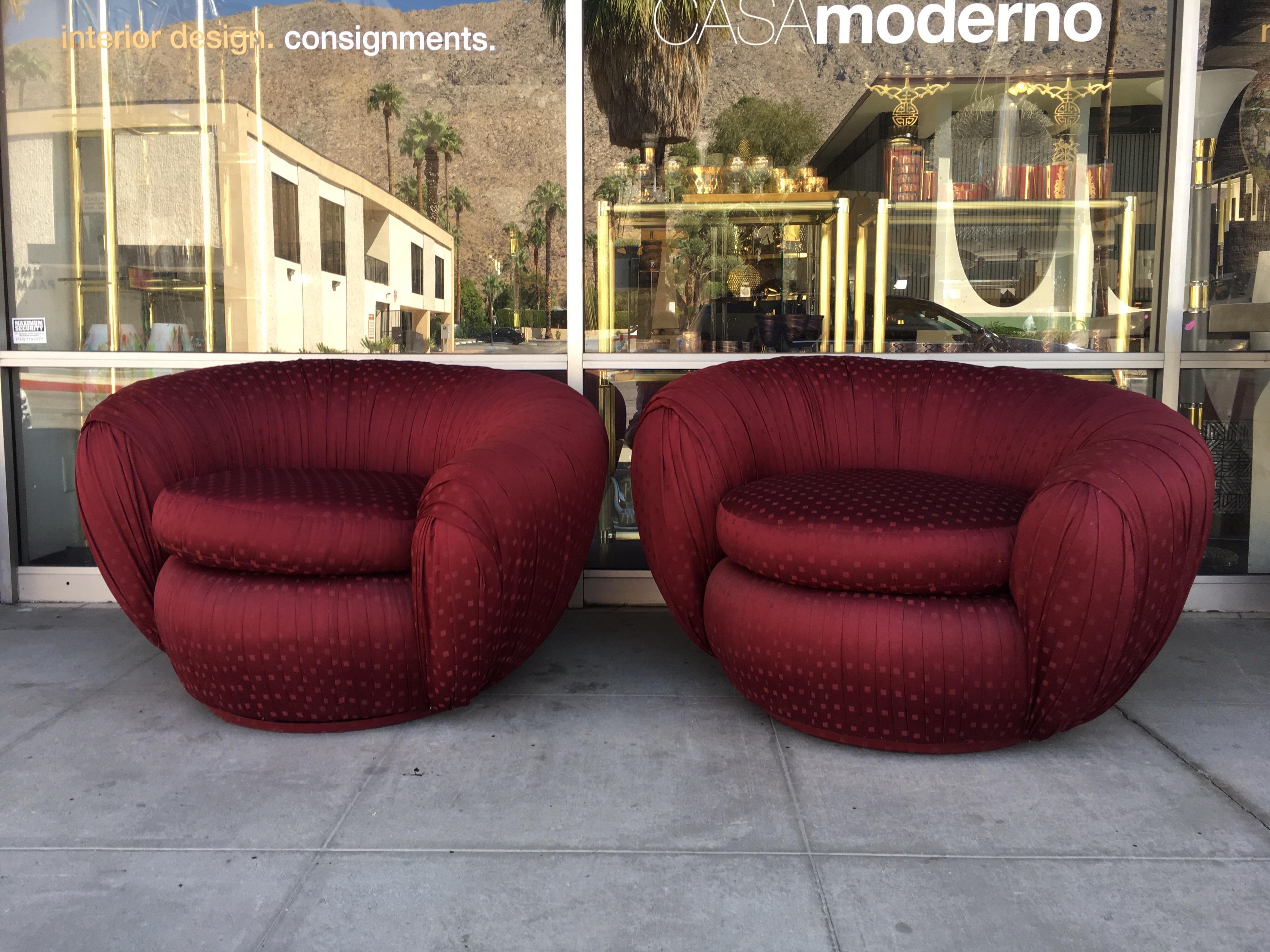 These very chic chairs have been redone in a high end vintage 1980s fabric with geometric pattern. The designer picked a amazing pair of super comfortable circular swivel chairs that have a very “Alexis Carrington” glamour ruched fabric design.