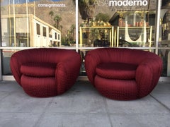 Pair of Vintage Ruched Burgundy Jacquard Swivel Chairs