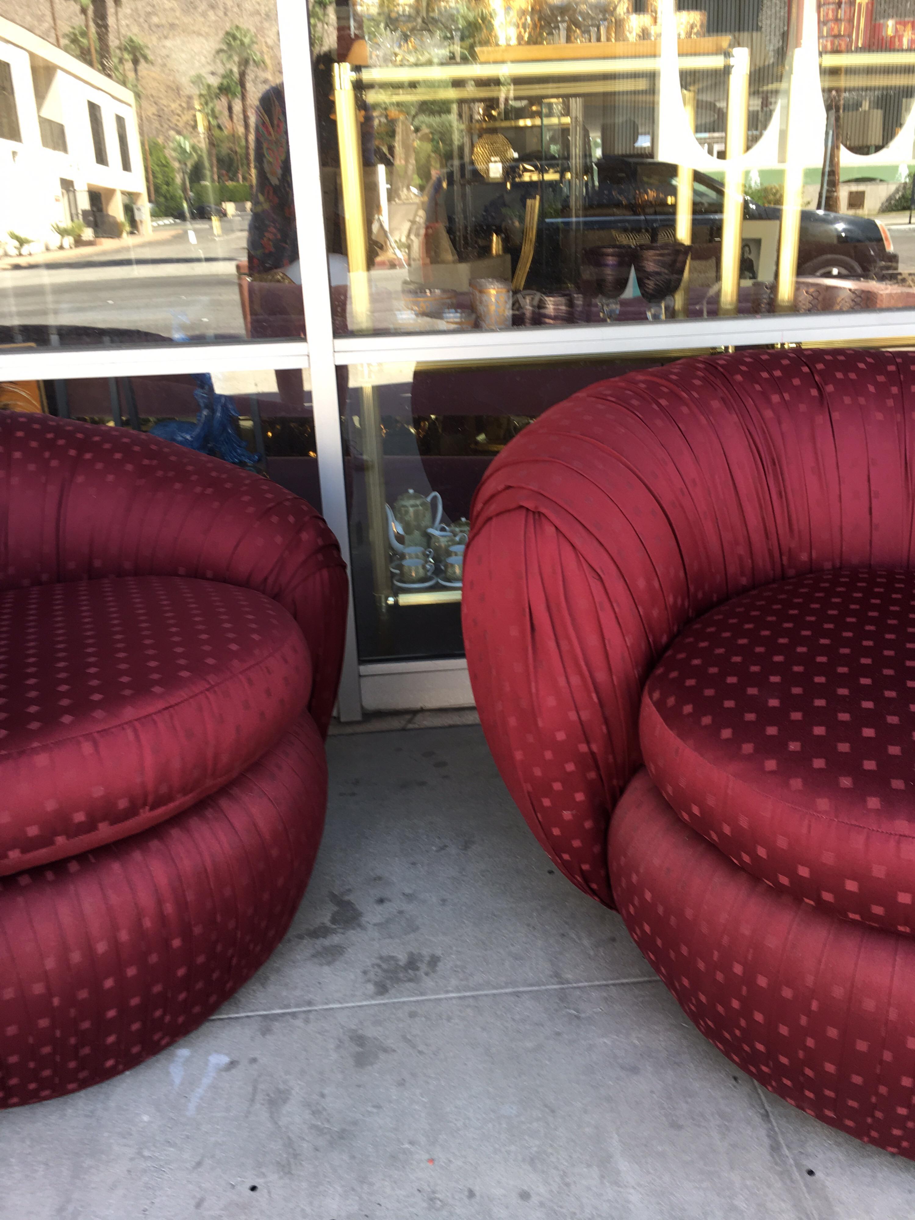 Modern Pair of Vintage Ruched Burgundy Jacquard Swivel Chairs 