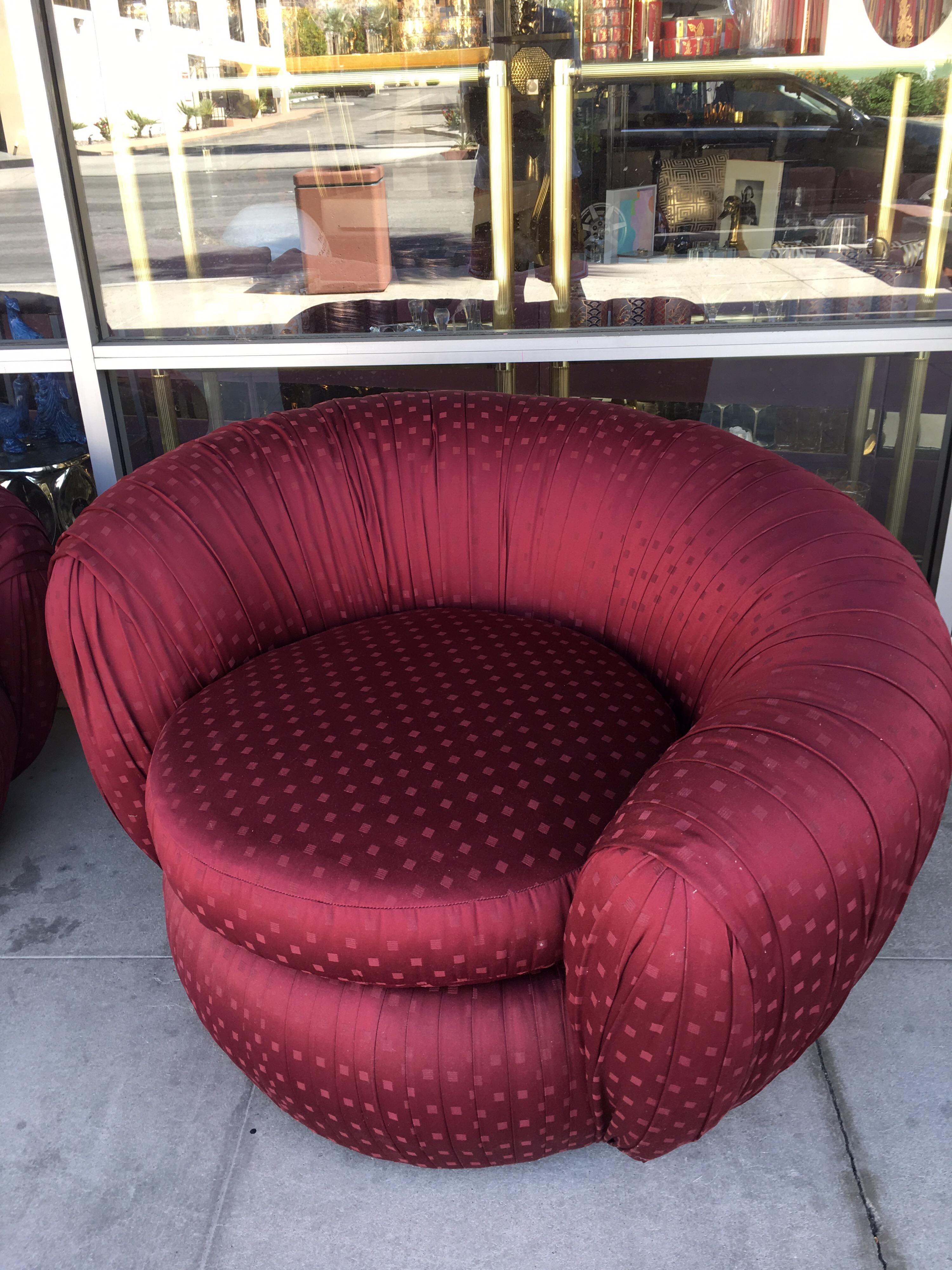 American Pair of Vintage Ruched Burgundy Jacquard Swivel Chairs 