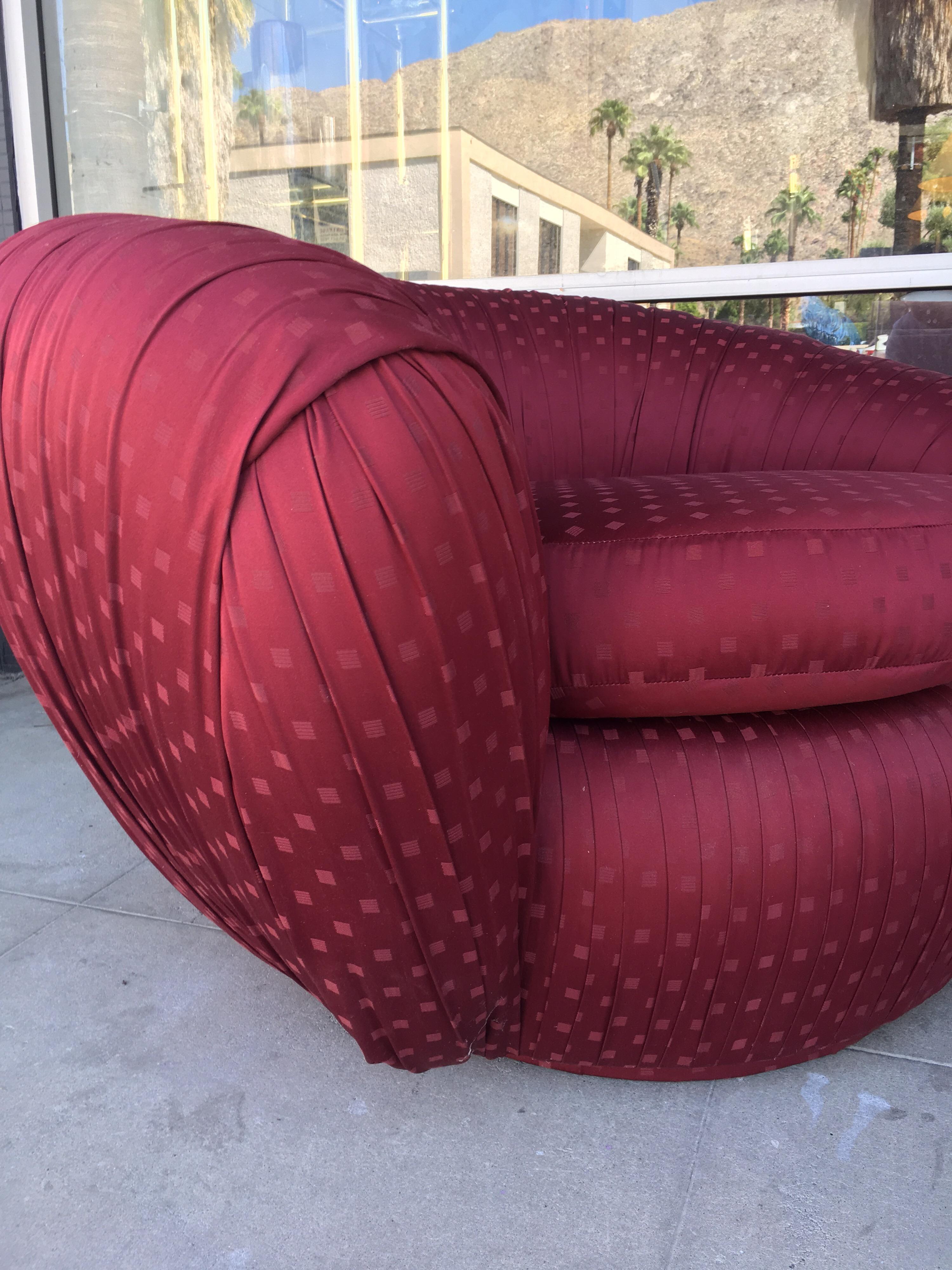 Late 20th Century Pair of Vintage Ruched Burgundy Jacquard Swivel Chairs 