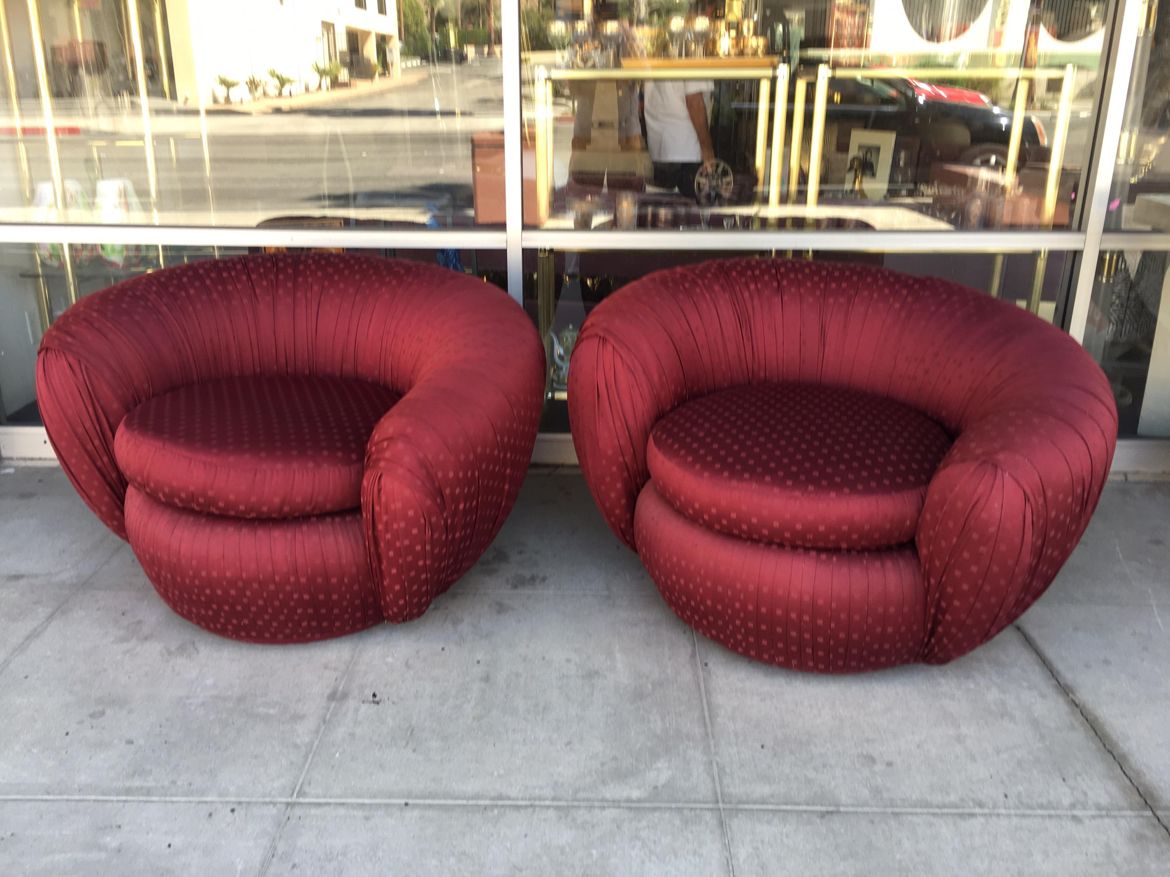 Fabric Pair of Vintage Ruched Burgundy Jacquard Swivel Chairs 