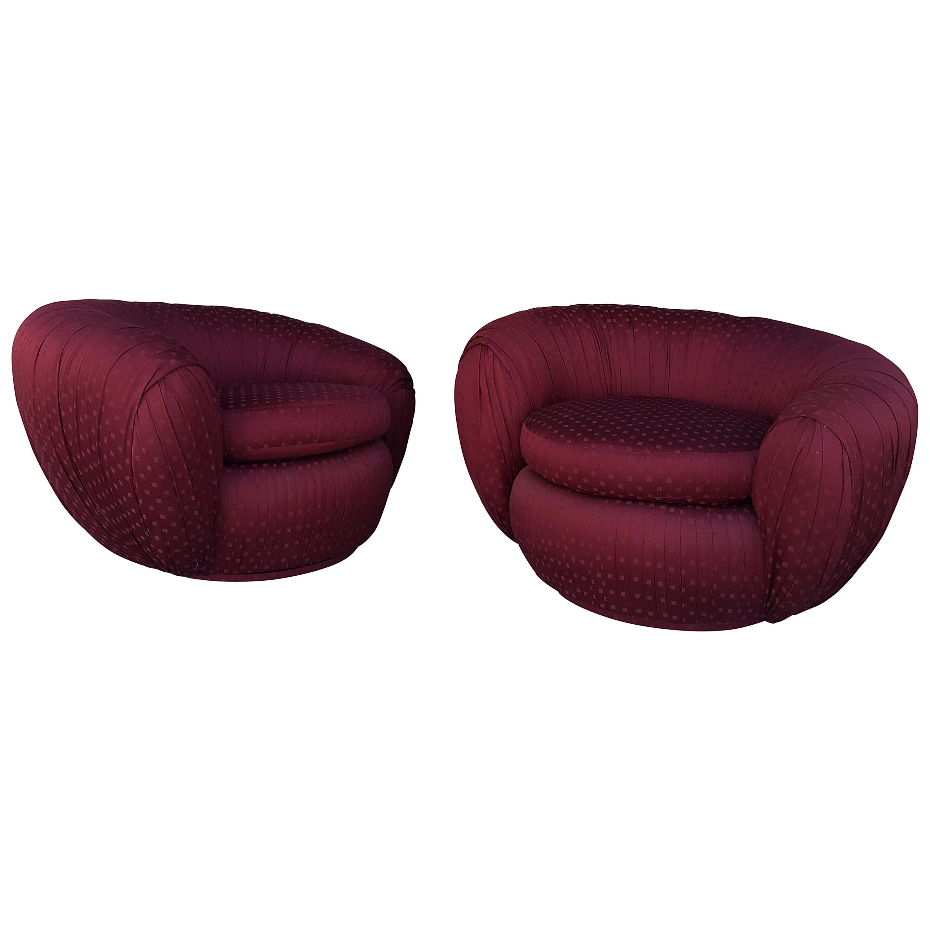 Pair of Vintage Ruched Burgundy Jacquard Swivel Chairs 