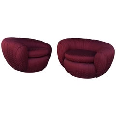 Pair of Vintage Ruched Burgundy Jacquard Swivel Chairs 