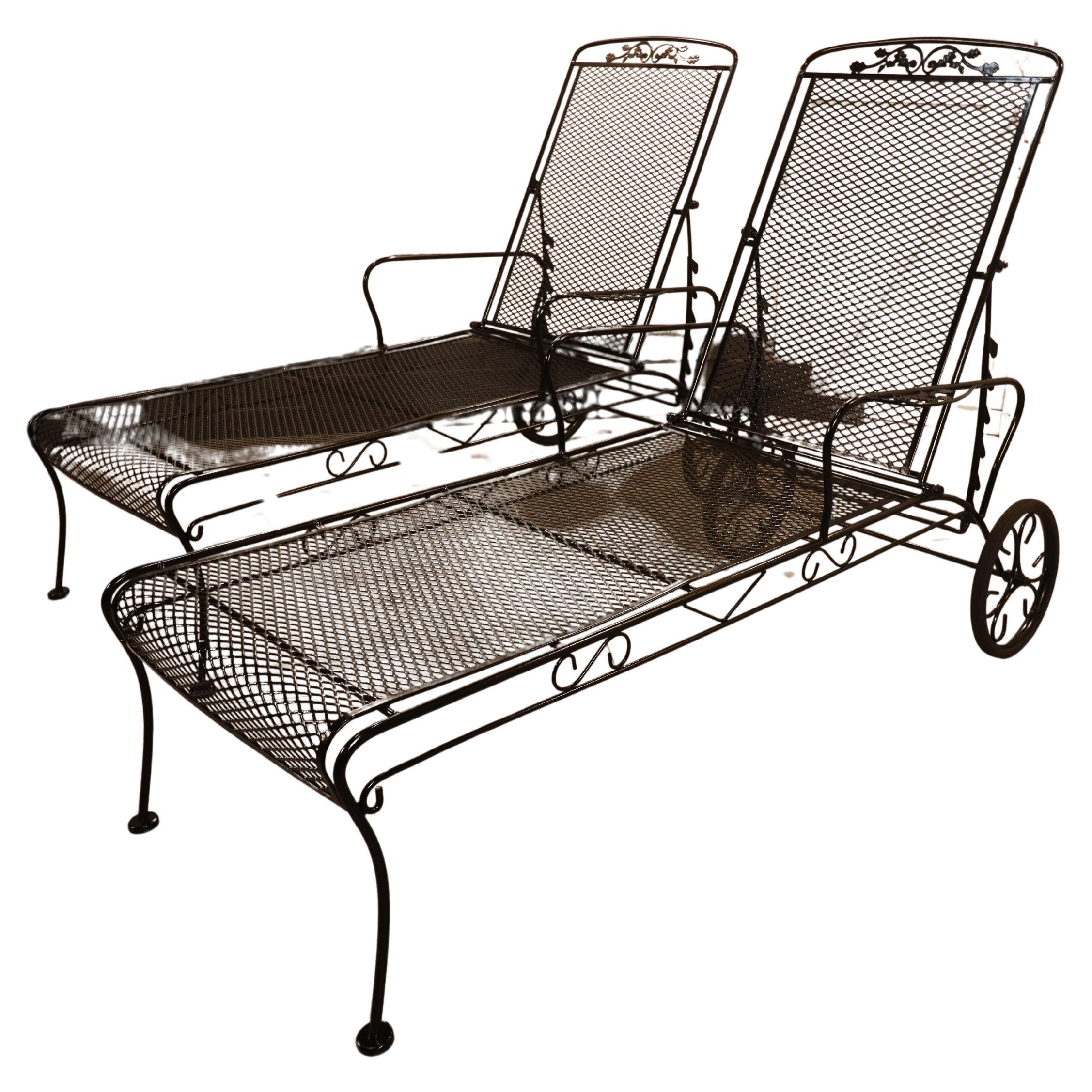 Pair of Vintage Russell Woodard Acorn and Oak Leaf Wrought Iron Chaise Loungers