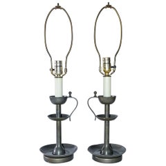 Pair of Vintage Rustic Pewter Candleholder Lamps
