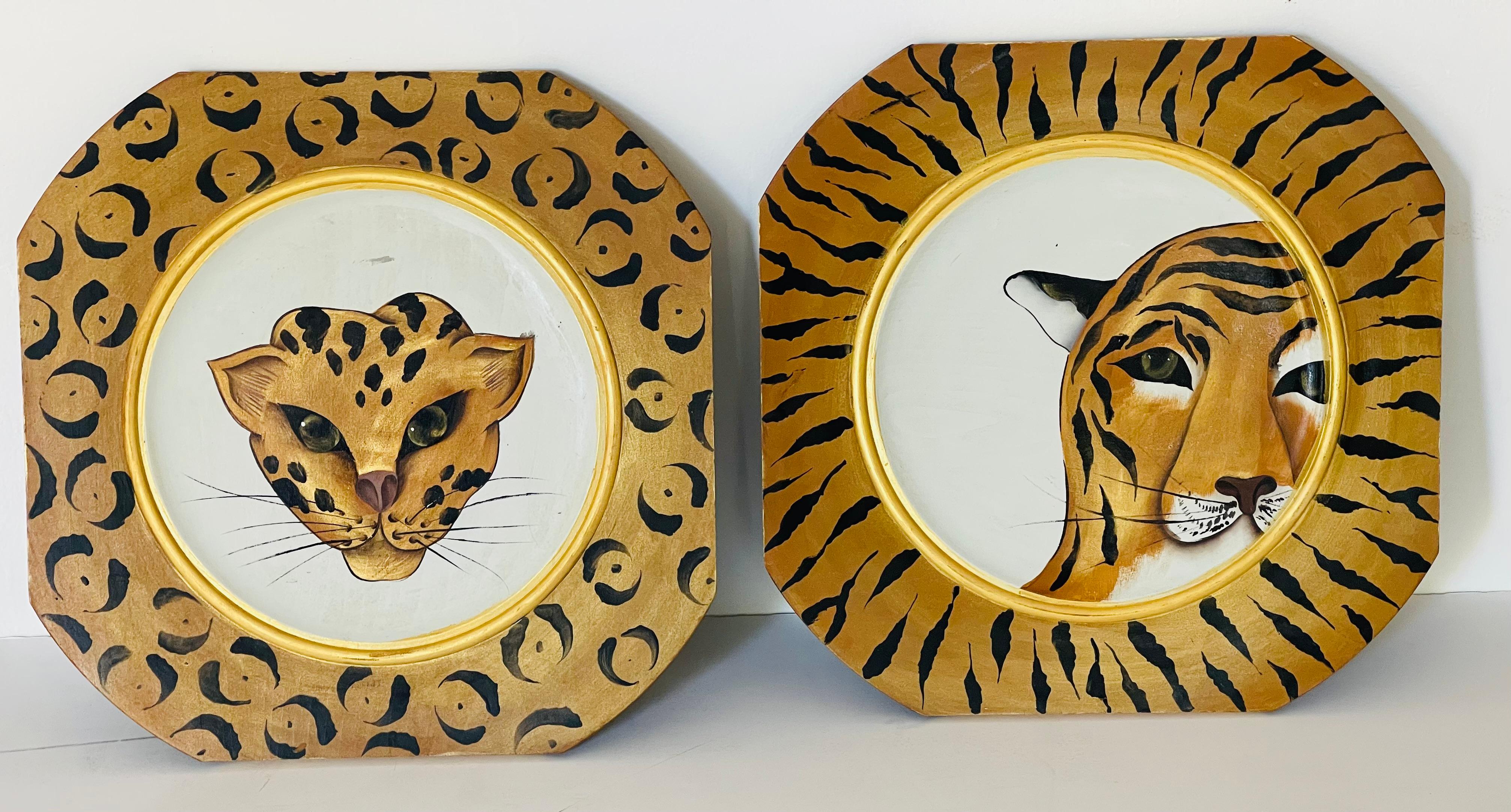 Einzigartige handgemalte Tierporträts im Safari-Stil auf Holz von Jaguar und Tiger. Großartiges tropisches Safari-Dekor.