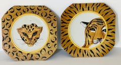 Pair of Vintage Safari Style Painting on Wood Jaguar and Tiger