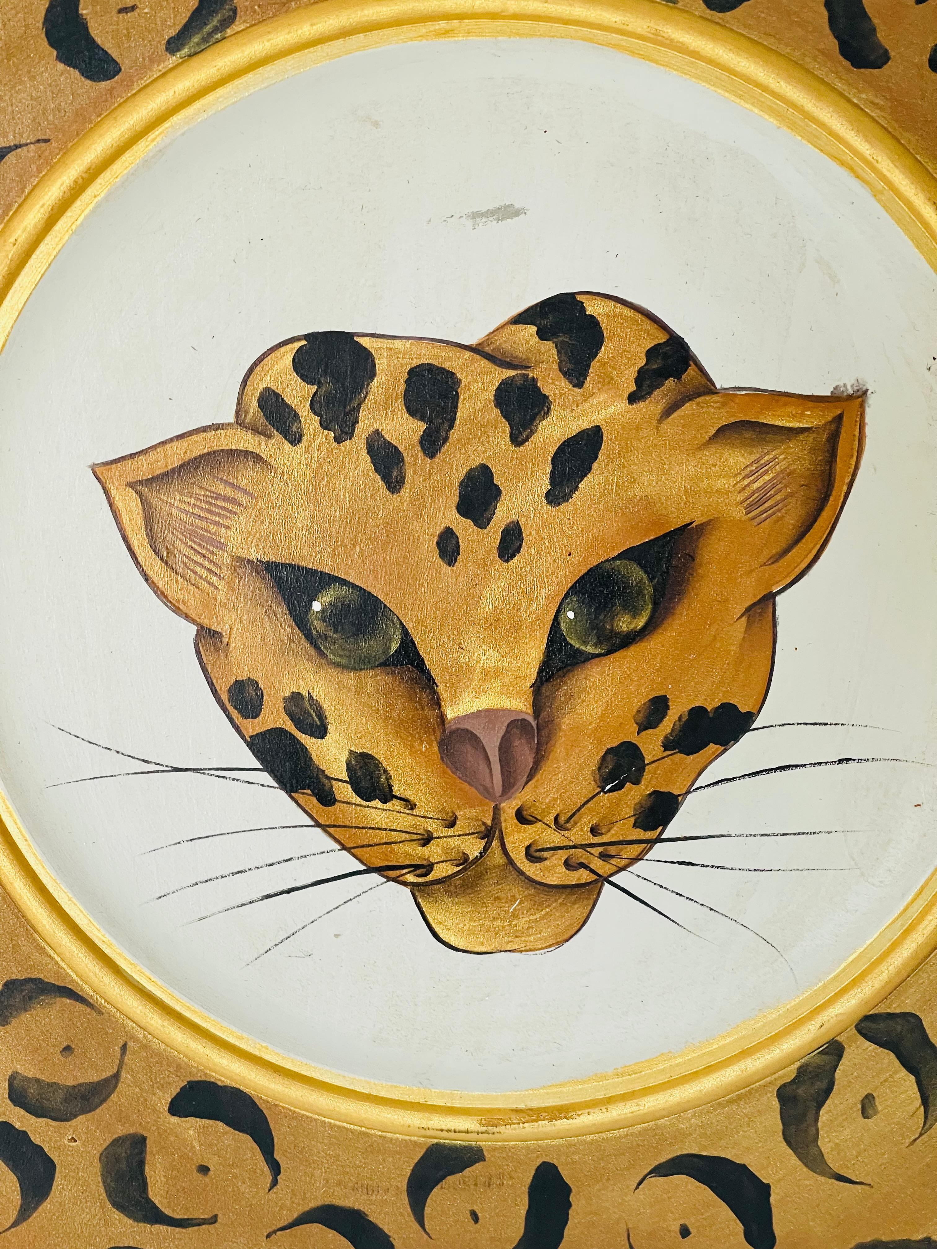 Paar von Vintage Safari-Stil Malerei auf Holz Jaguar und Tiger (amerikanisch) im Angebot