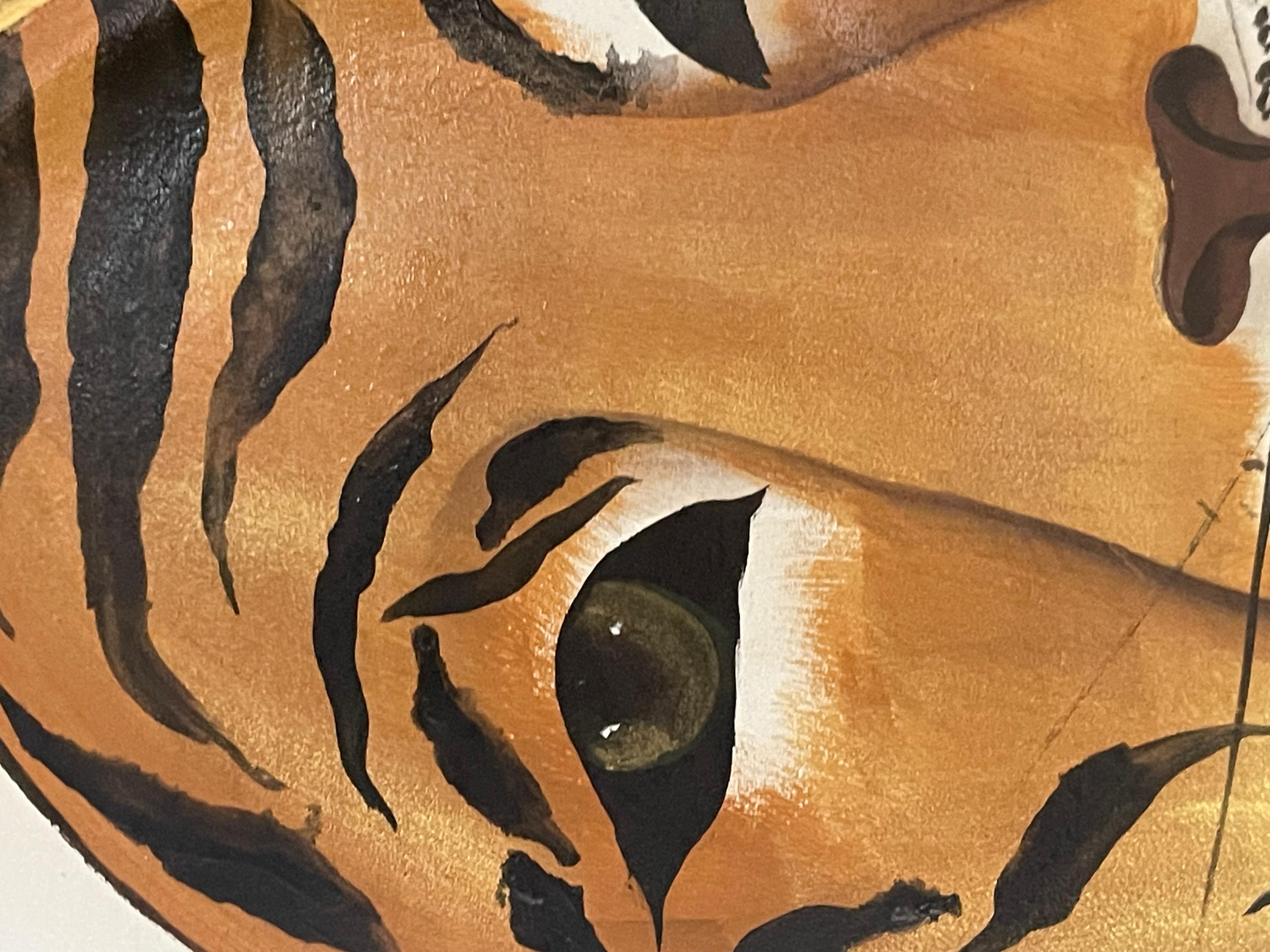 Paar von Vintage Safari-Stil Malerei auf Holz Jaguar und Tiger im Angebot 1
