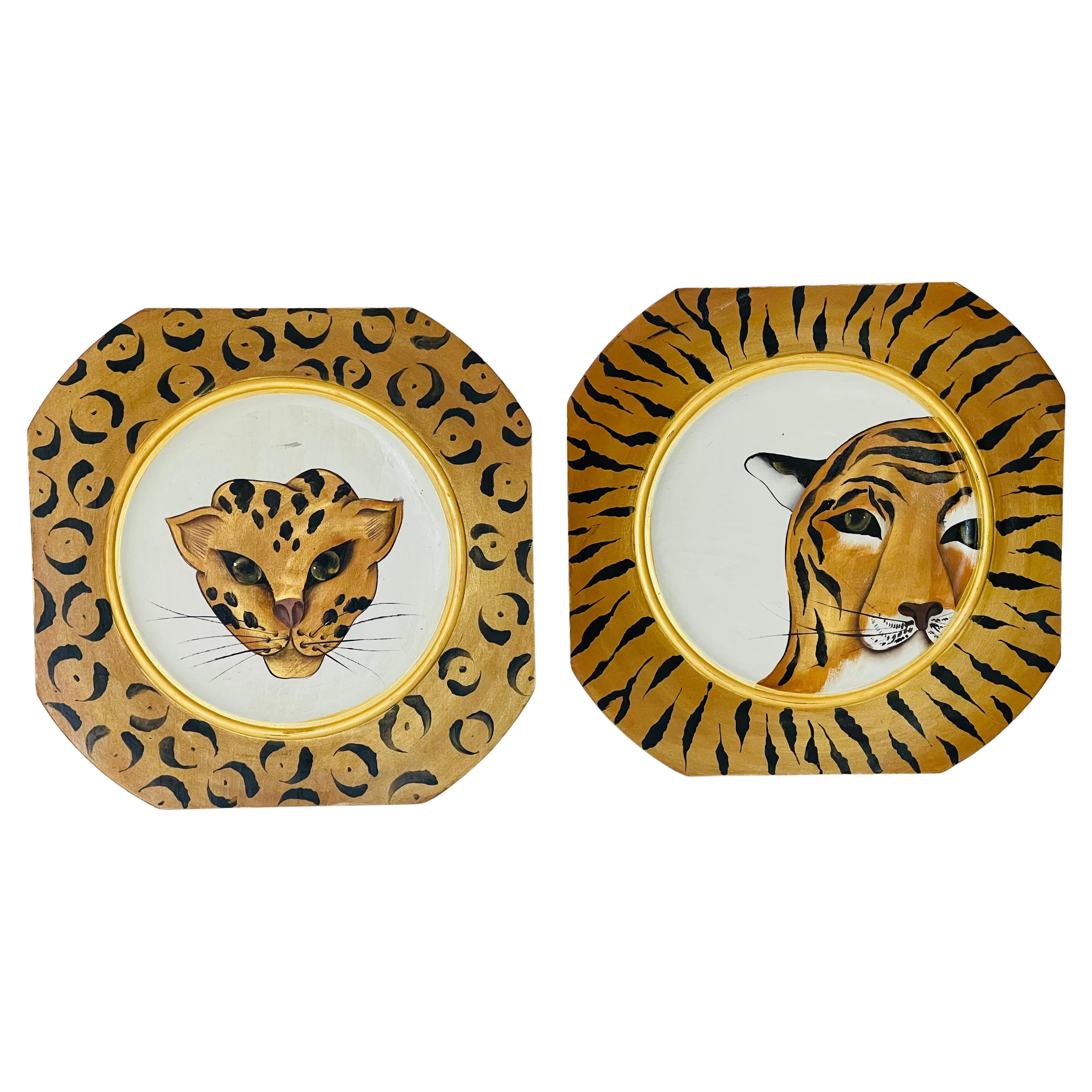 Paar von Vintage Safari-Stil Malerei auf Holz Jaguar und Tiger