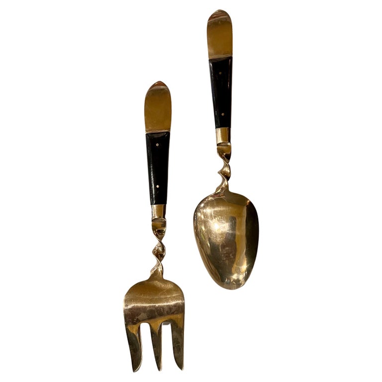 Pair of Vintage Salad Servers Hollywood Regency Brass and Ebony For