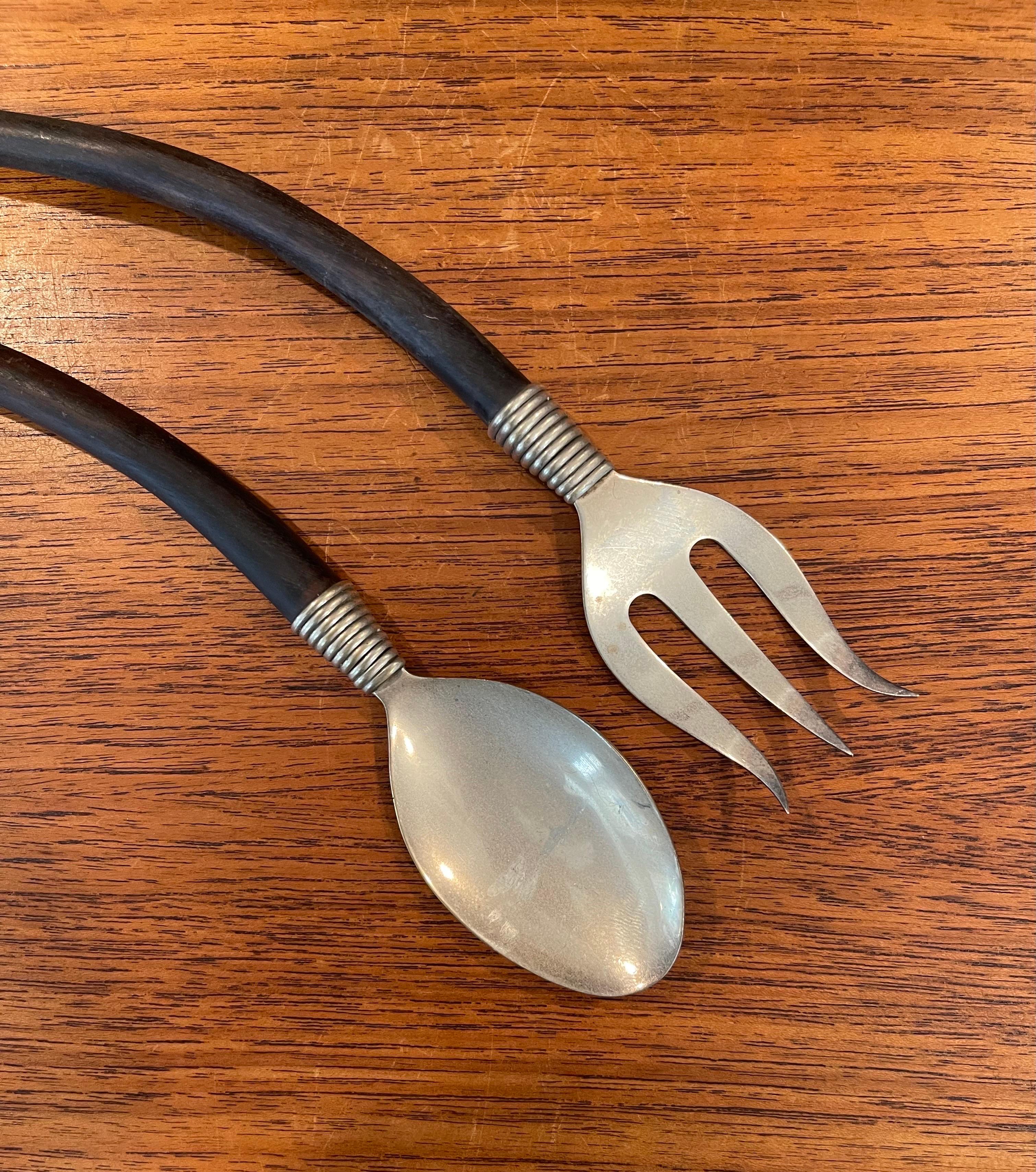 American Pair of Vintage Salad Servers in Curved Wood and Stainless Steel For Sale