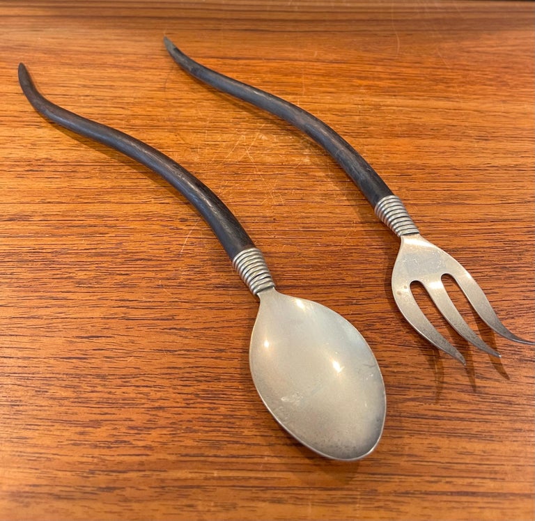 Pair of Vintage Salad Servers in Curved Wood and Stainless Steel For
