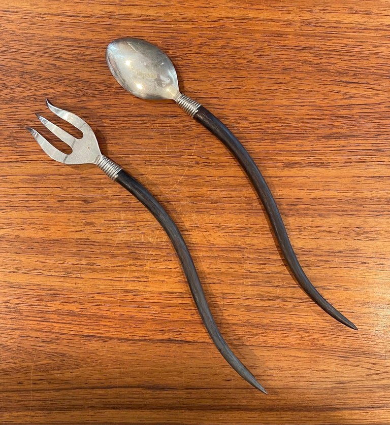 Pair of Vintage Salad Servers in Curved Wood and Stainless Steel For