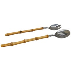 Pair of Vintage Salad Serving Spoons with Bamboo Handles