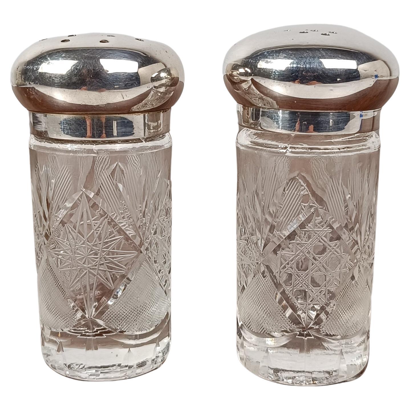 Pair of Vintage Salt & Pepper Cruet Set in Cut Crystal Glass and Silver Plated